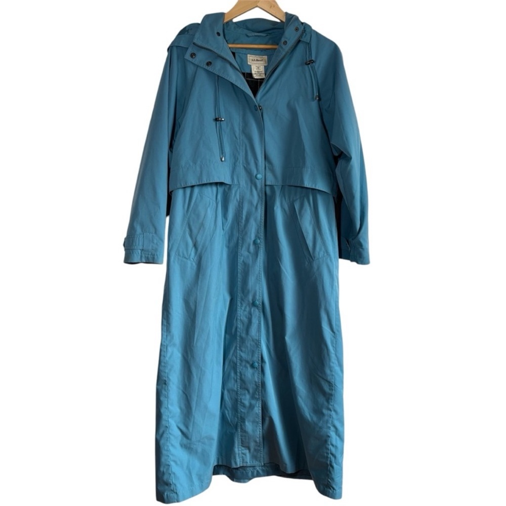 LL Bean Hooded Trench Coat Raincoat Women's Small Blue Full Zip Removable Liner
